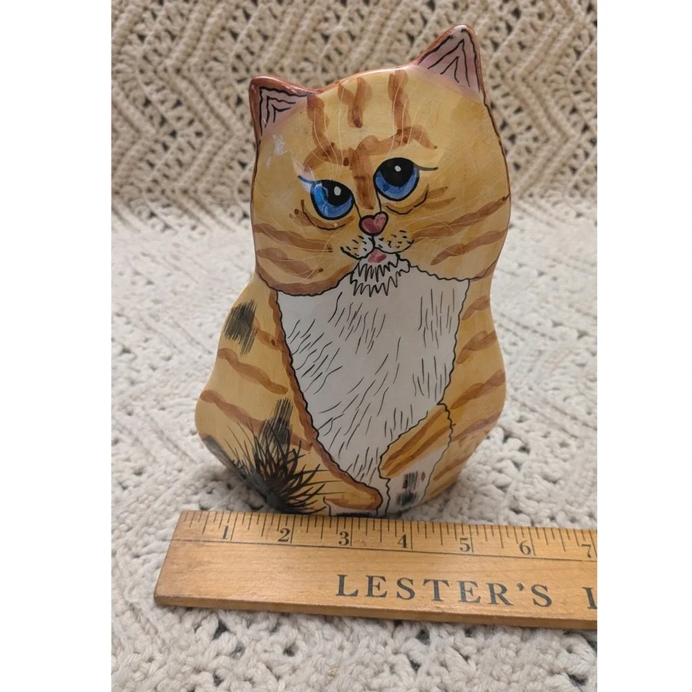 Vintage Hand Painted Ceramic Ginger Tabby Cat Bud Vase Figurine Orange Blue Eyes
